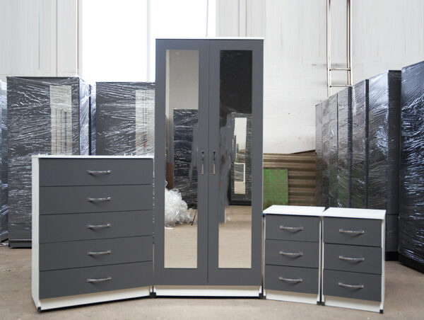 2 door wardrobe single mirror set with 1 chester and 2 bedside Wardrobe in uk , Wardrobes , bedside table and chester , chest , delivery in UK